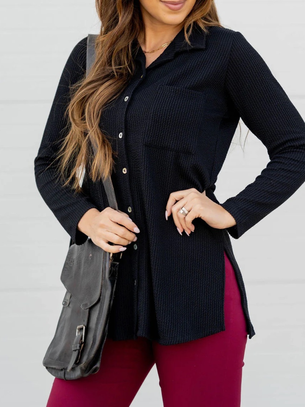Heavily Ribbed Tunic Shacket - Black‎